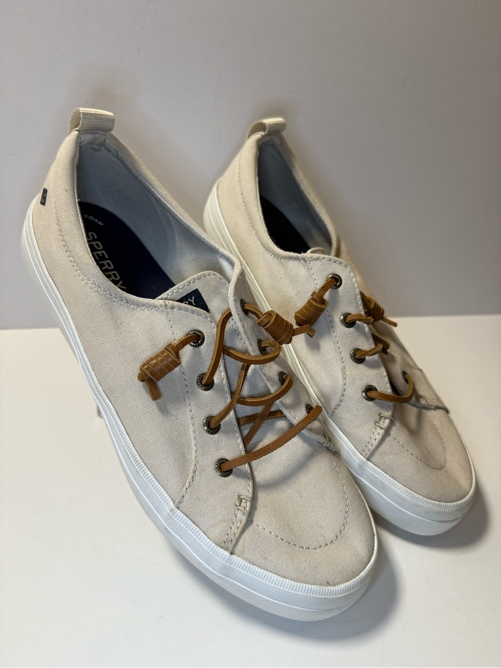 Sperry Women’s Low-Top Canvas Sneakers in Beige with Brown Laces